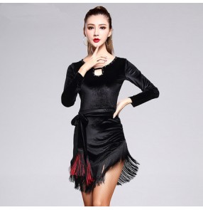 Black velvet fringes tassels diamond  women's ladies long sleeves competition performance professional latin ballroom dance dresses costumes skirts